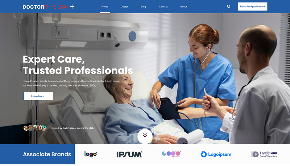 Doctor checking patient blood pressure in hospital room on medical doctor WordPress theme homepage