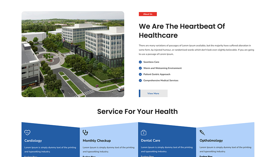 Medical doctor WordPress theme layout with hospital campus photo and healthcare services section