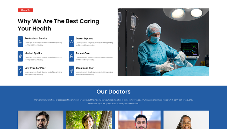 Medical website section with doctor in operating room and “Why We Are The Best Caring Your Health” text