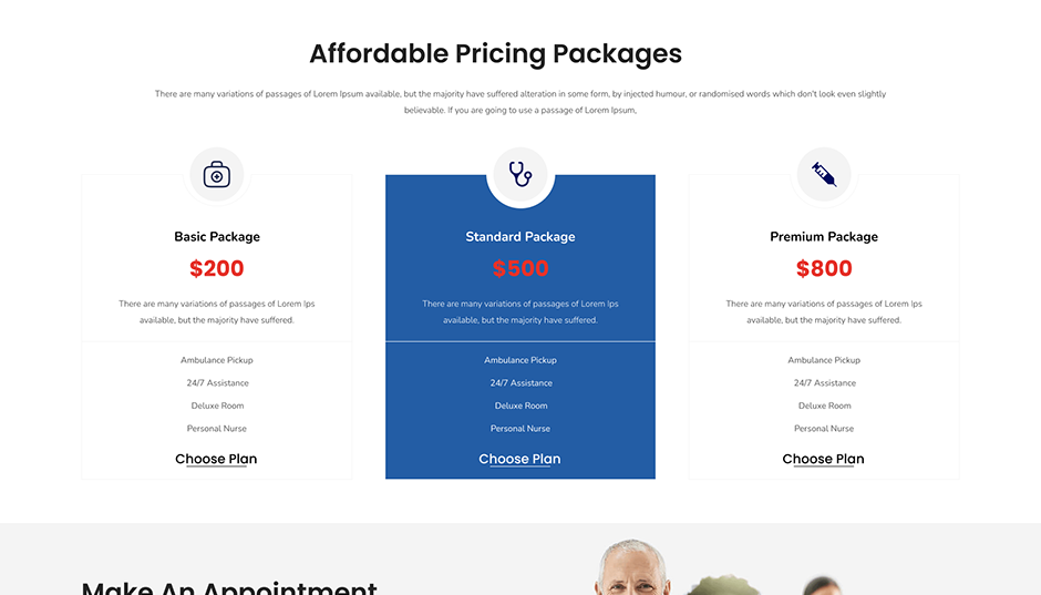 Medical doctor theme pricing table with Basic $200, Standard $500, Premium $800 packages