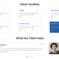 Doctor WordPress theme section showing other facilities grid and client testimonials layout
