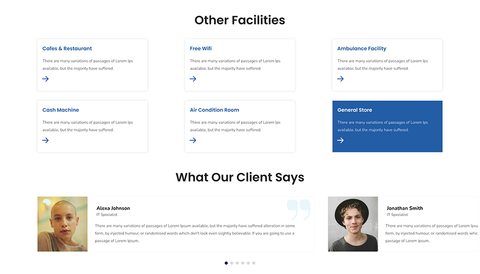 Doctor WordPress theme section showing other facilities grid and client testimonials layout