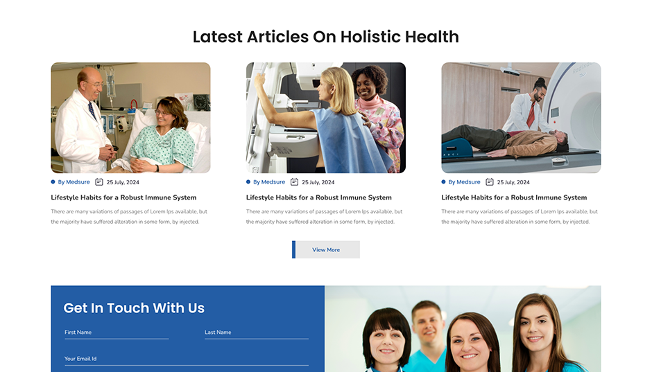 Latest articles on holistic health section with three medical blog post cards and images