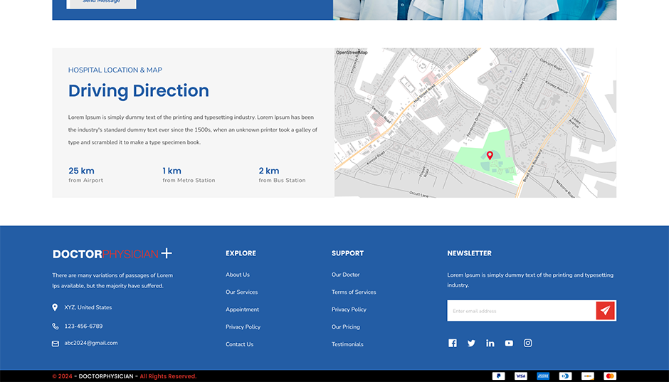 Hospital location and map section with driving directions and route pin on city map
